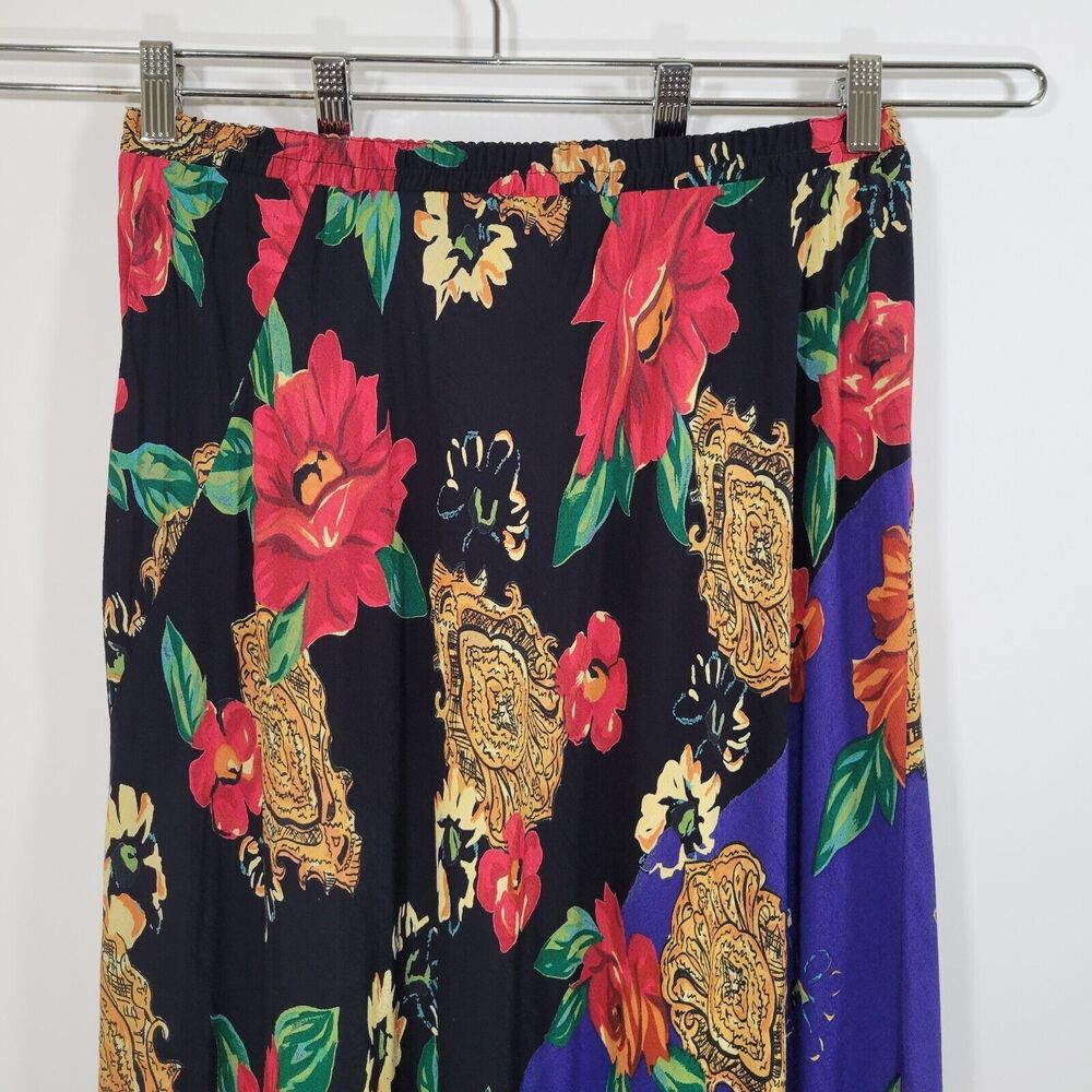 Vtg CAROLE LITTLE Floral Medallion Print Maxi Skirt Size 14 Crepe Pull On 90s XL - Picture 5 of 8